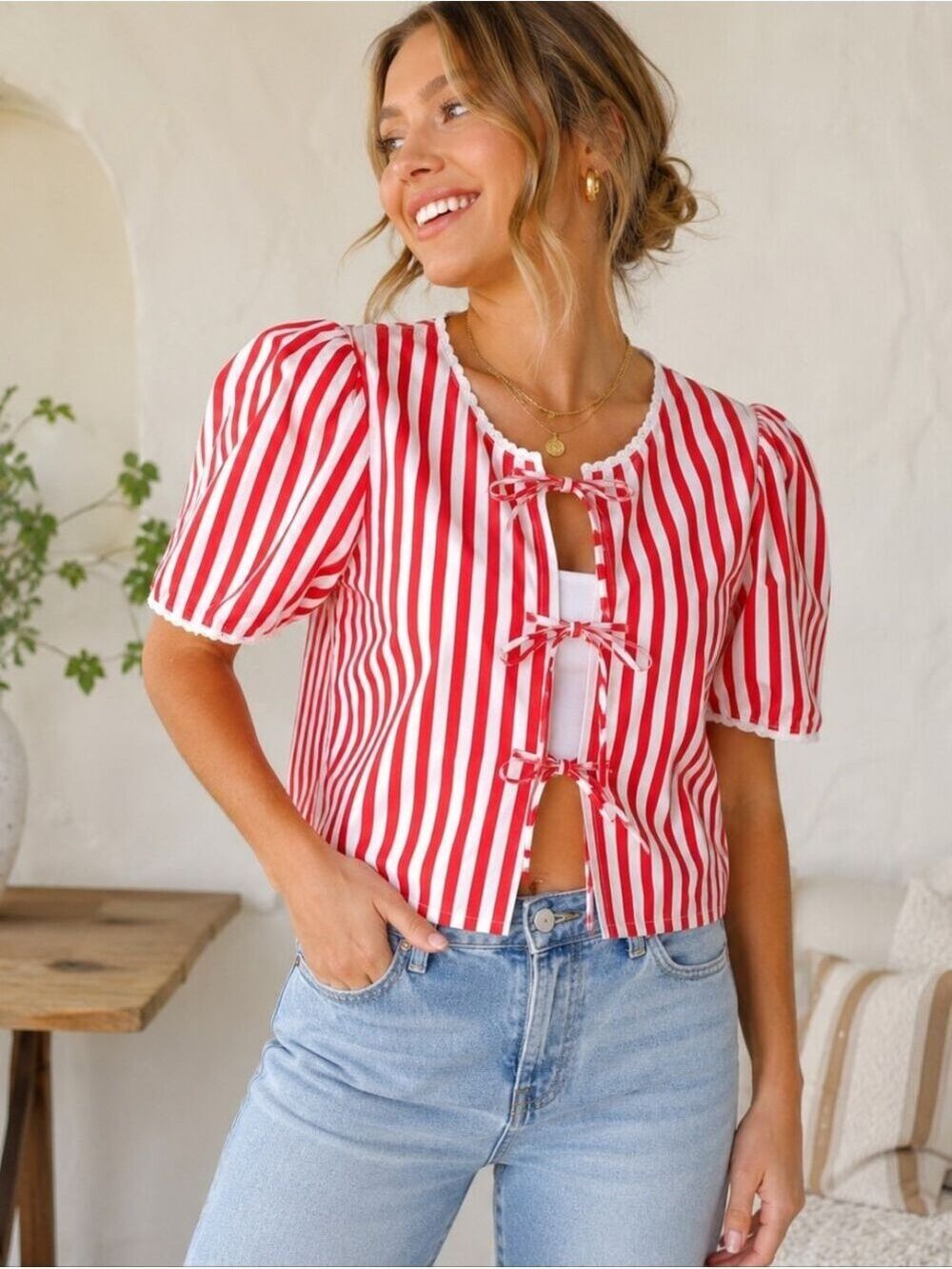 Brunette The Label Red Stripe Tie Front Poplin Top M/L NWT Cottagecore - Picture 10 of 10